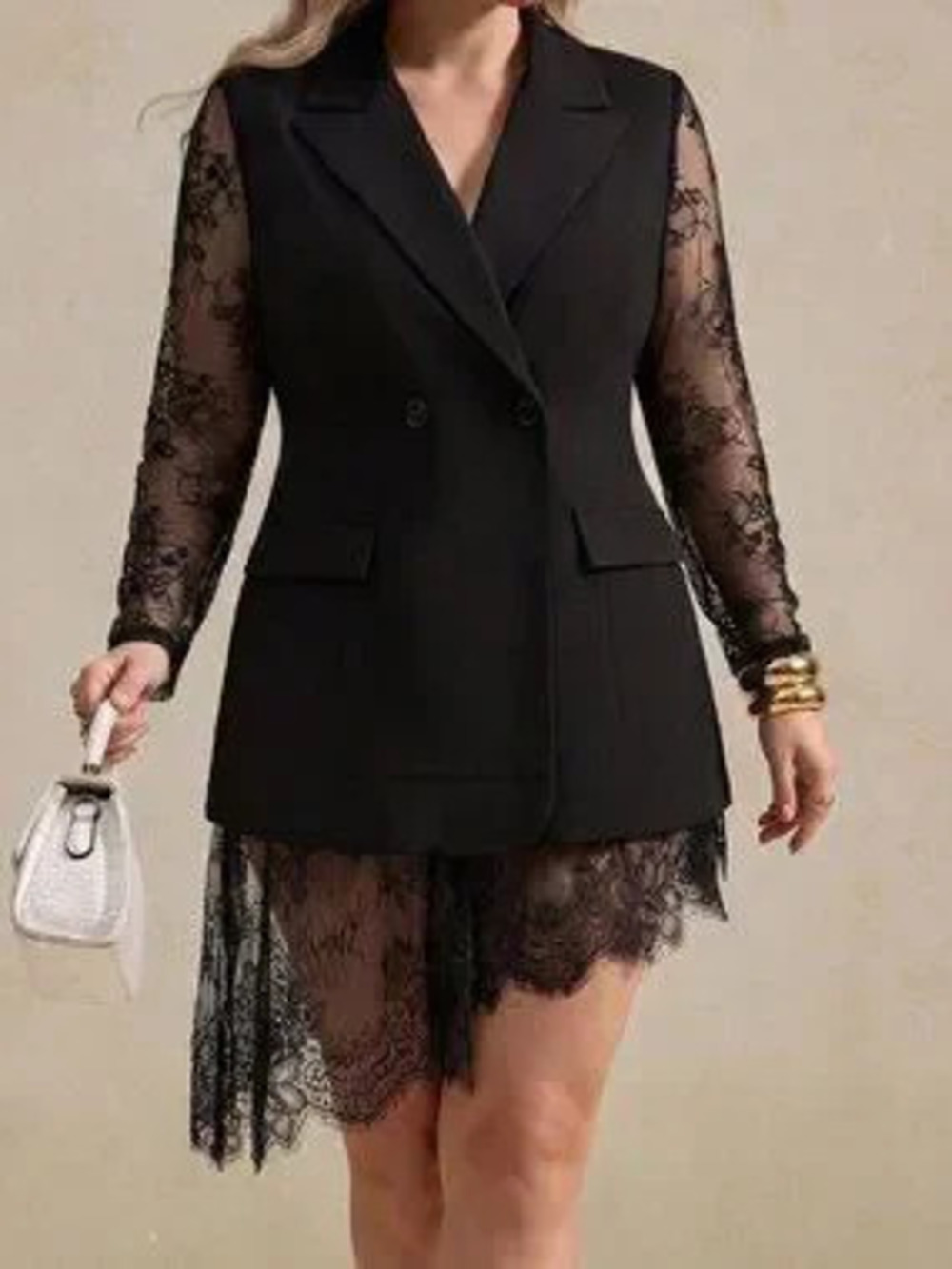 ZARA Black Elegant Women's Regular Fit Lace Contrast Lapel Long Blazer Dress